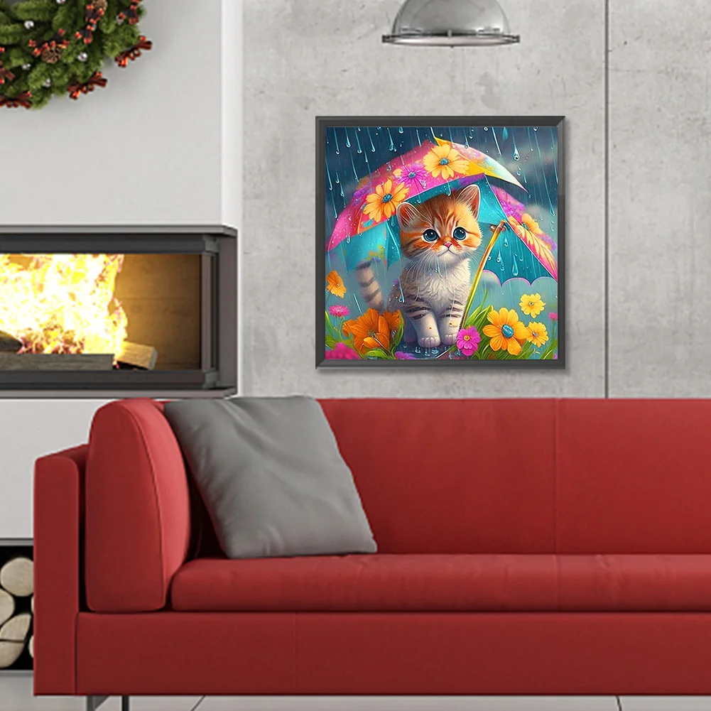 Diamond Painting - Full Round Drill - Umbrella Cat(Canvas|30*30cm)