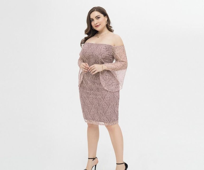 Plus Size Long-Sleeve Lace Sheath Dress PL4- Fabulory