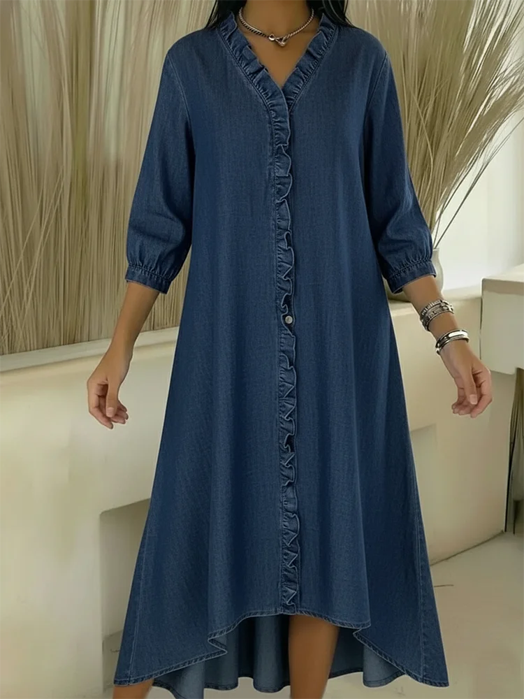 Casual Denim V-neck Ruffled Dress socialshop