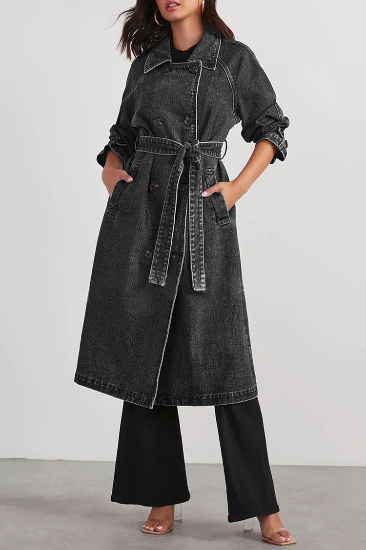 Turndown Collar Long Sleeve Double-Breasted Tie Up Denim Trench Coat-Blue