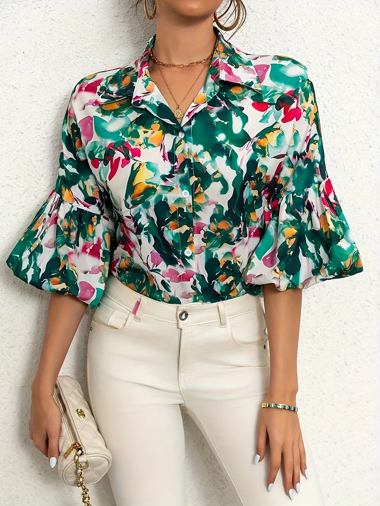 3/4 Sleeve Regular Fit Women's Shirt, Machine Washable Spring Summer Fall Top, Non-See-Through Lightweight Shirt For Casual & Formal Wear, Casual Wear Blouse | Floral Print Collar Blouse, Ladies Blouse