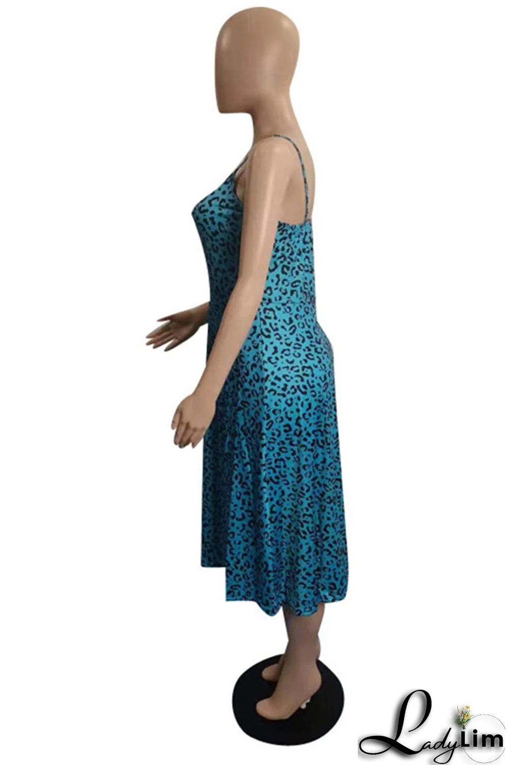 Deep Blue Fashion Sexy Print Backless Slit Square Collar Sling Dress