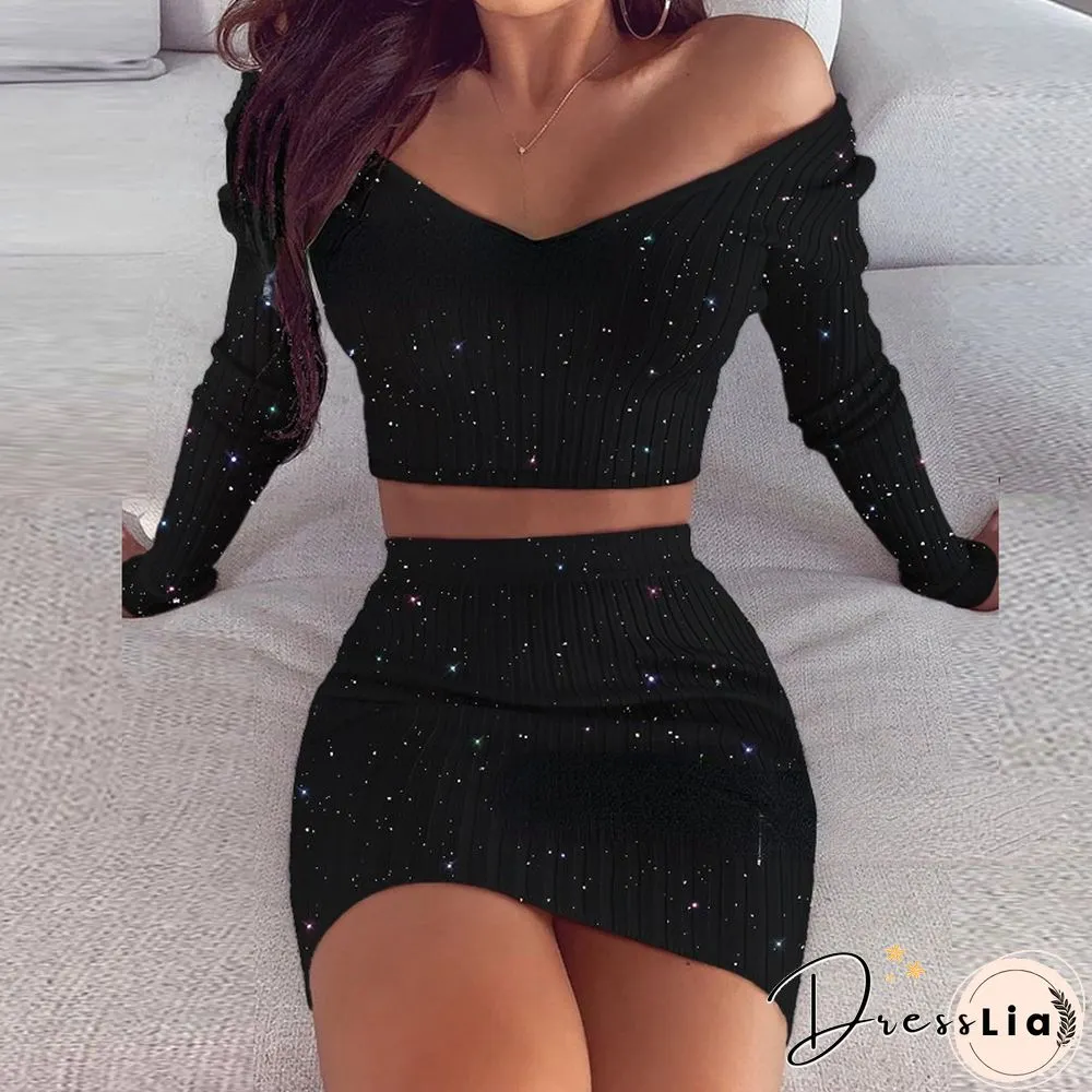 Two Piece Set Womens Sexy Club Outfits Pieces Sequin Party Skirt Sets Summer Tracksuit