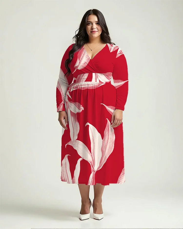 Plus Size Women's Bright Print Long Sleeve V Neck Dress