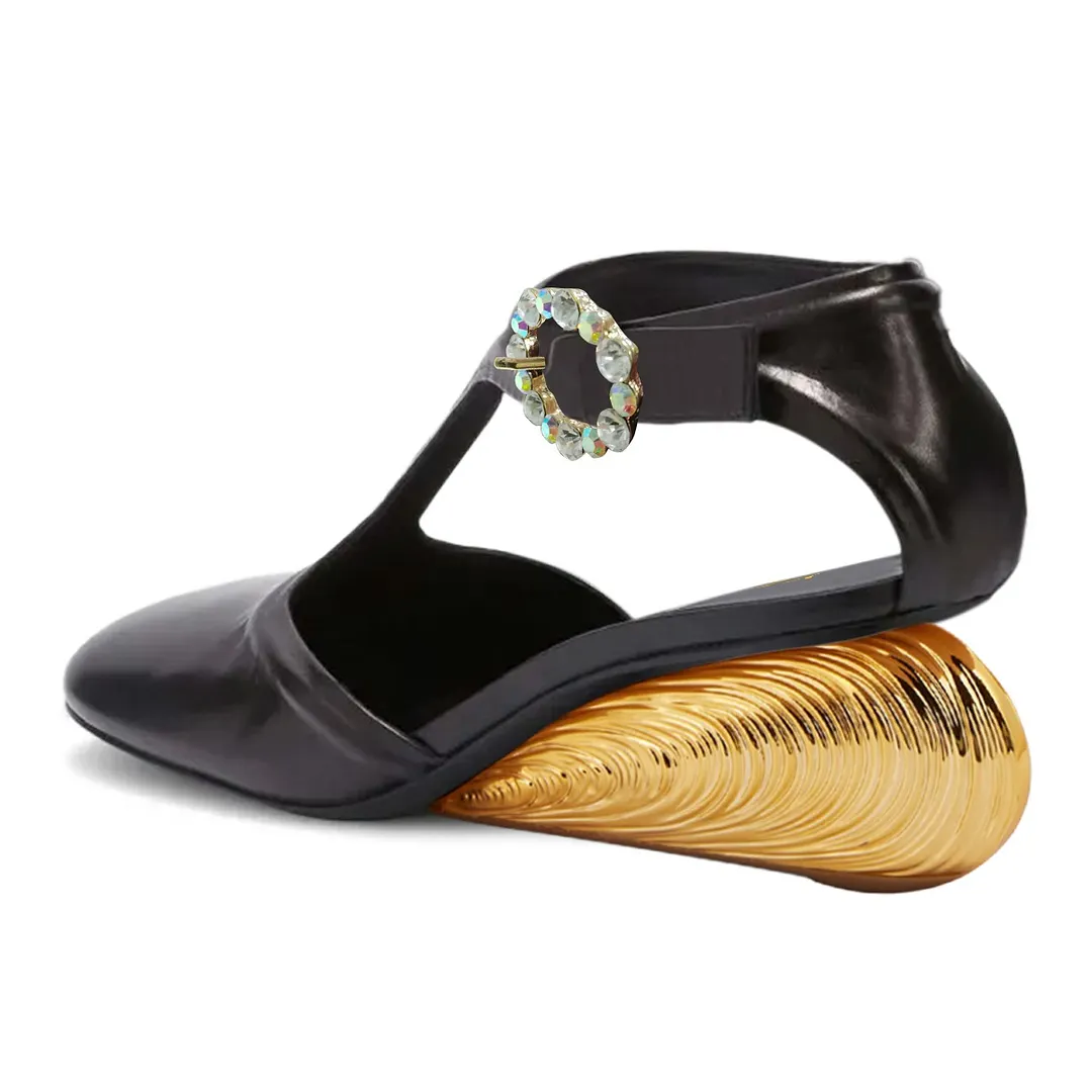 Rhinestone Buckle Low Sculptural Heel T-Strap Black Pumps for Women