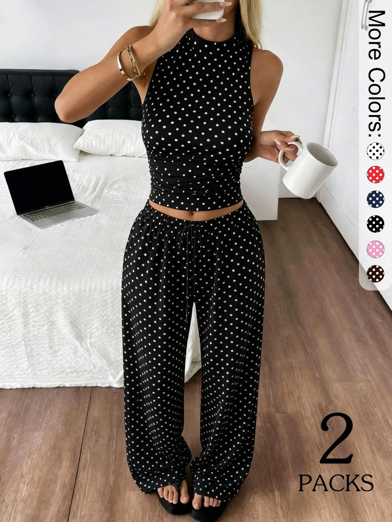 2 Pack Women's Polka Dot Loungewear Set, Sleeveless High Neck Crop Top & Wide Leg Pants, Clean Girl Style Minimalist Summer Outfits with Drop Waist, Slim Fit Lingerie Outfit for Daily Wear & Casual Lounging