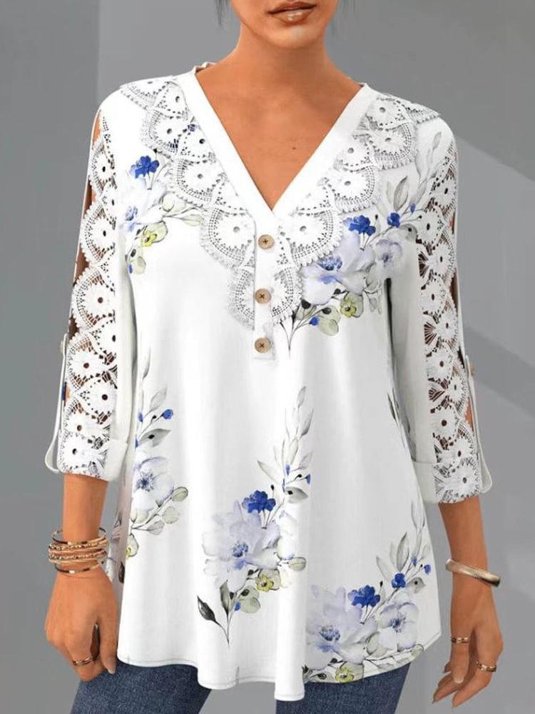 Comstylish Floral Print Lace Sleeve V Neck T-shirt