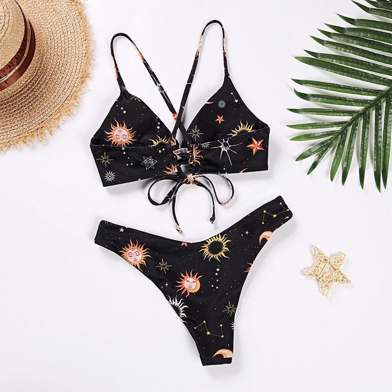 Moon and Sun Print Bikini Swimsuit - GothBB 2022 free shipping available