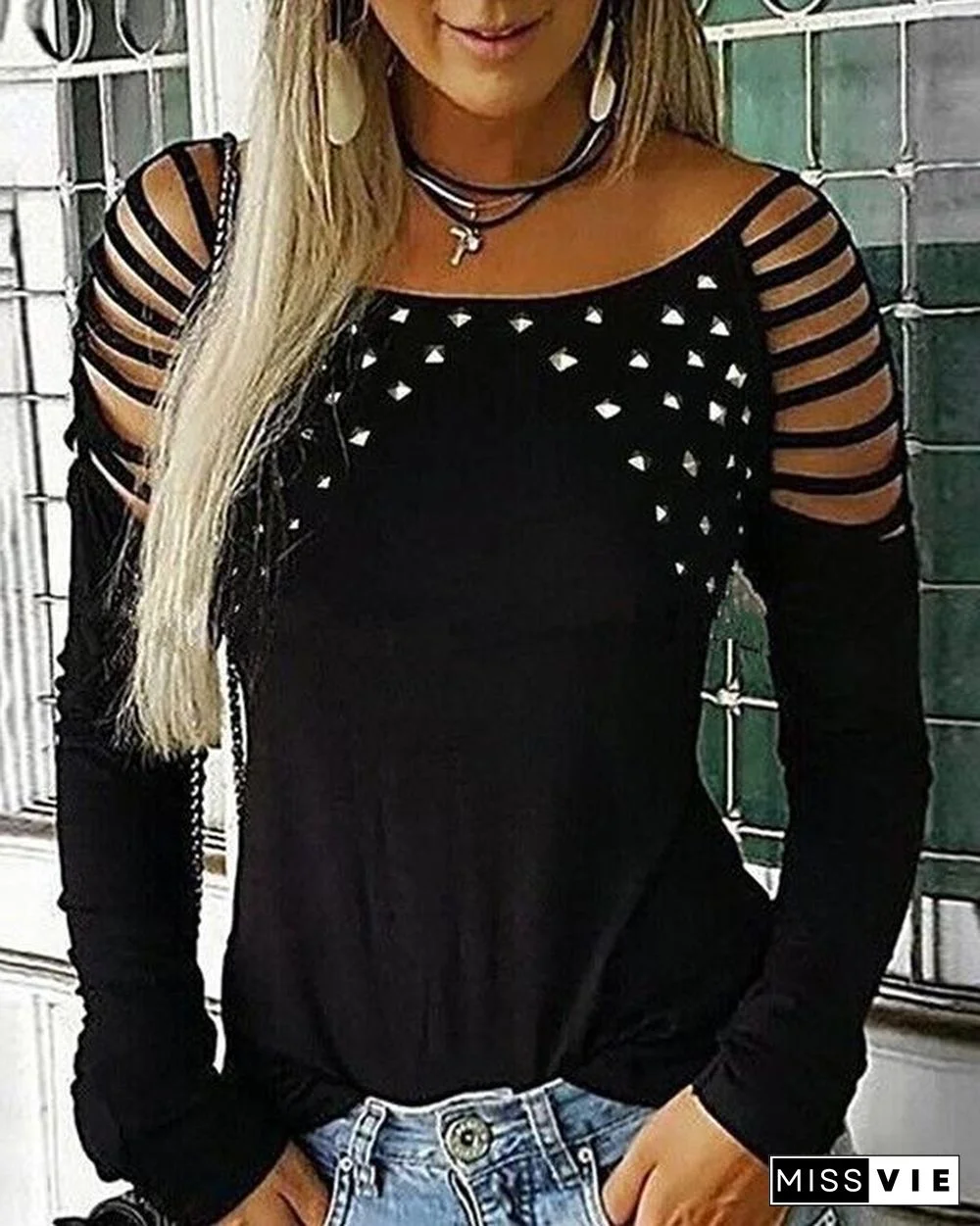Women Fashion Neck Hollow-Out Studded Long Sleeve T Shirts Casual Tops