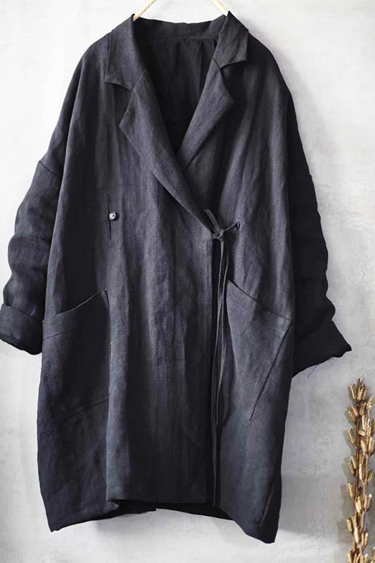 Fall Black Simple Retro Linen Coat