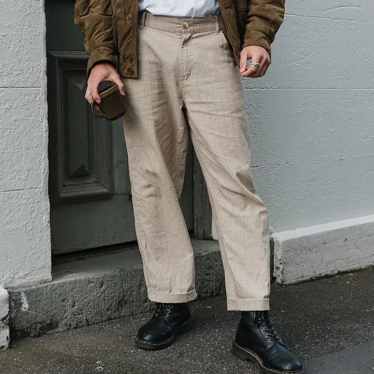 Classic Cotton And Linen Striped Textured Pants