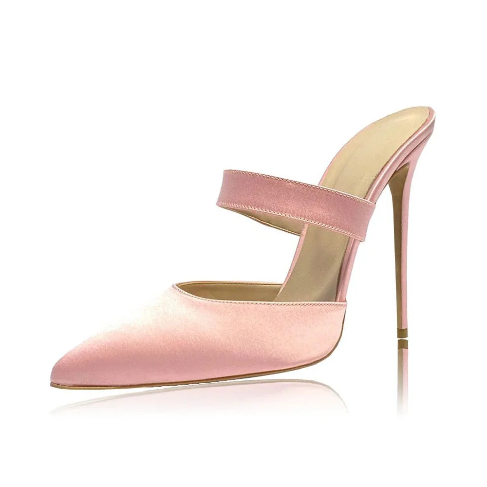 Women's Slip On Stiletto Heels Pink Strap Pointy Toe Mules Shoes