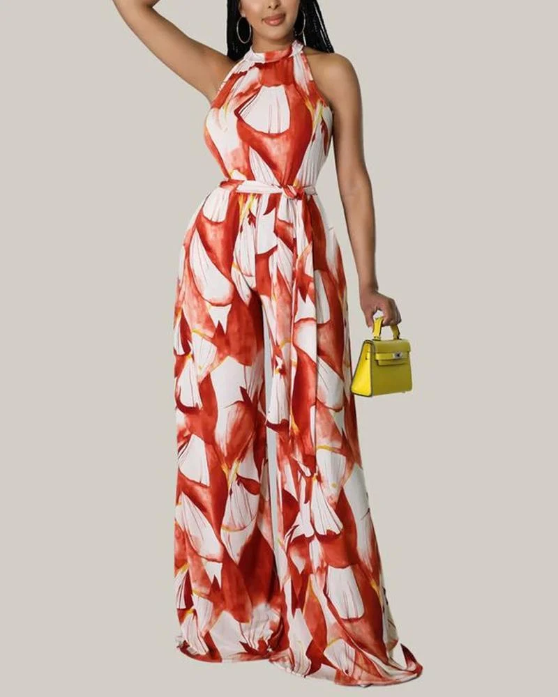 Hanging Neck Off Shoulder Wide Leg Printed Women's Jumpsuit