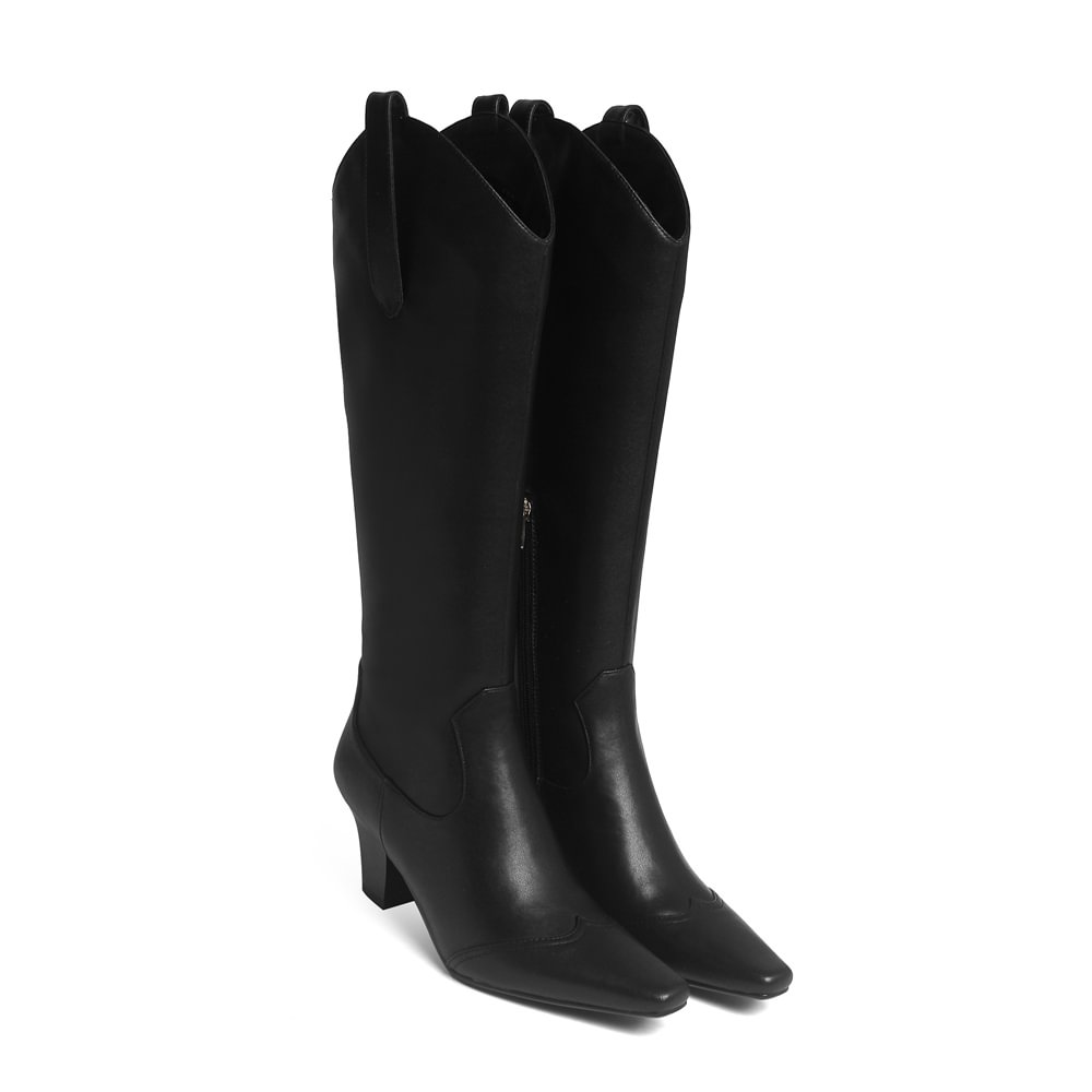50mm Women Side Zip Block Heel Square Toe Western Boots Black-vocosishoes
