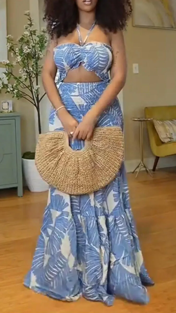 Women Neck Hanging Printed Top + Half Skirt Vacation Casual Style Set