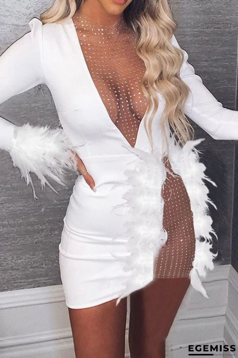 White Sexy Solid Patchwork See-through Feathers O Neck Pencil Skirt Dresses | EGEMISS