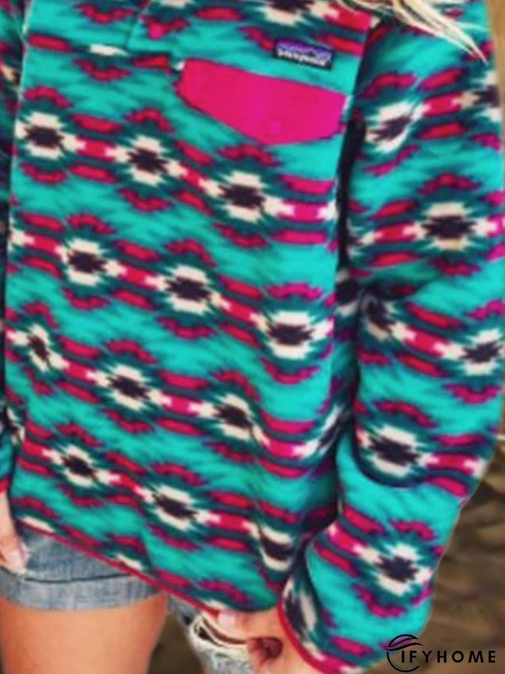 Blue Long Sleeve Shawl Collar Geometric Printed Tunic Sweatshirt | IFYHOME