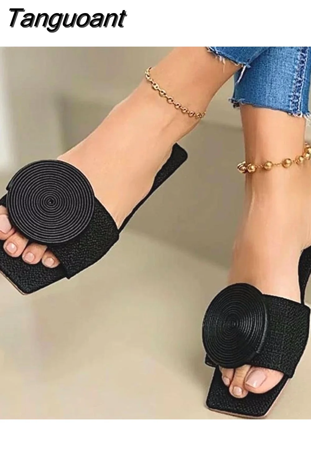 Tanguoant New Fashion Beach Shoes Woman Summer Flat Sandals Plus Size Round Buckle Solid Flats Female Casual Slippers Ladies Women