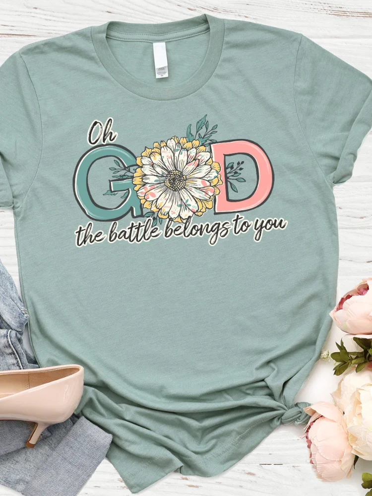Vefave God The Battle Belongs To You Print Crew Neck Casual T Shirt