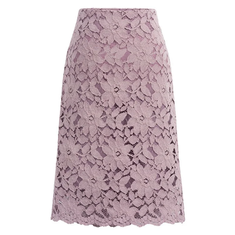 Pencil Skirt Women 2020 New Summer Plus Size A Line Knee Length High Waist Skirts Lace Elegant Office Lady Pink Midi Skirt Femme