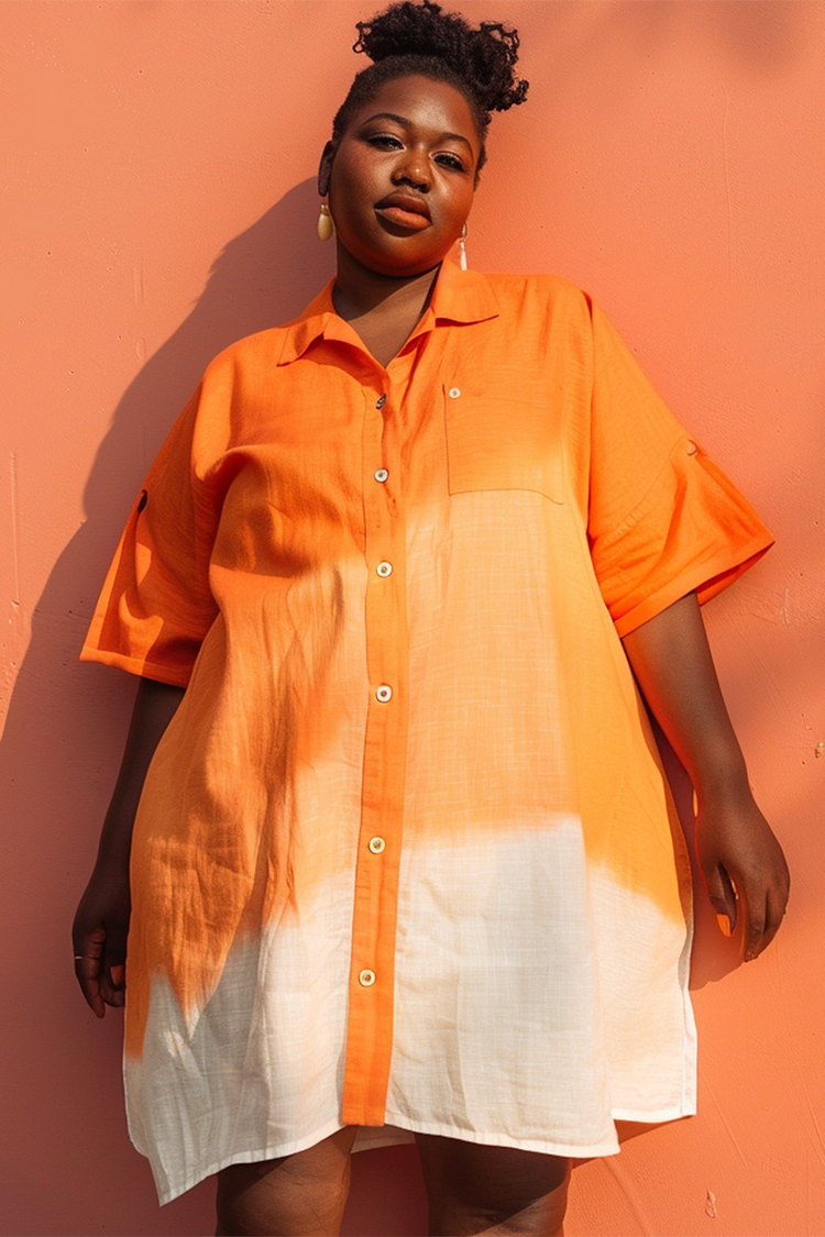 Xpluswear Design Plus Size Daily Orange Gradient Shirt Collar Short Sleeve Buttons Linen Shirt Mini Dresses [Pre-Order]