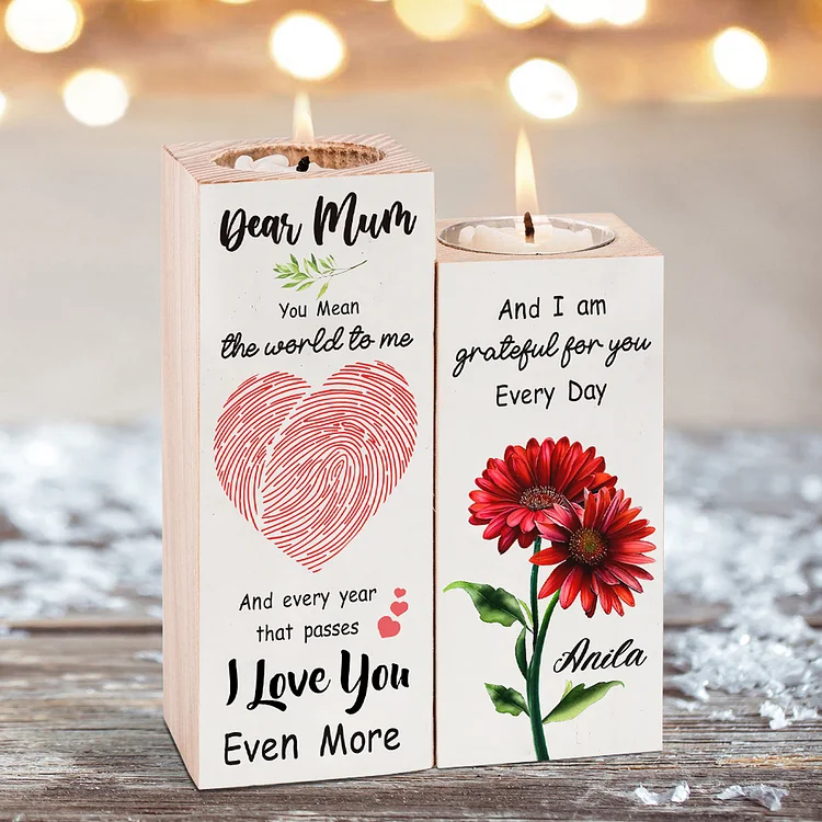 Dear Mum Personalized Name Flower Wooden Candlestick-I Love You-Heart Candle Holder Gifts for Mother