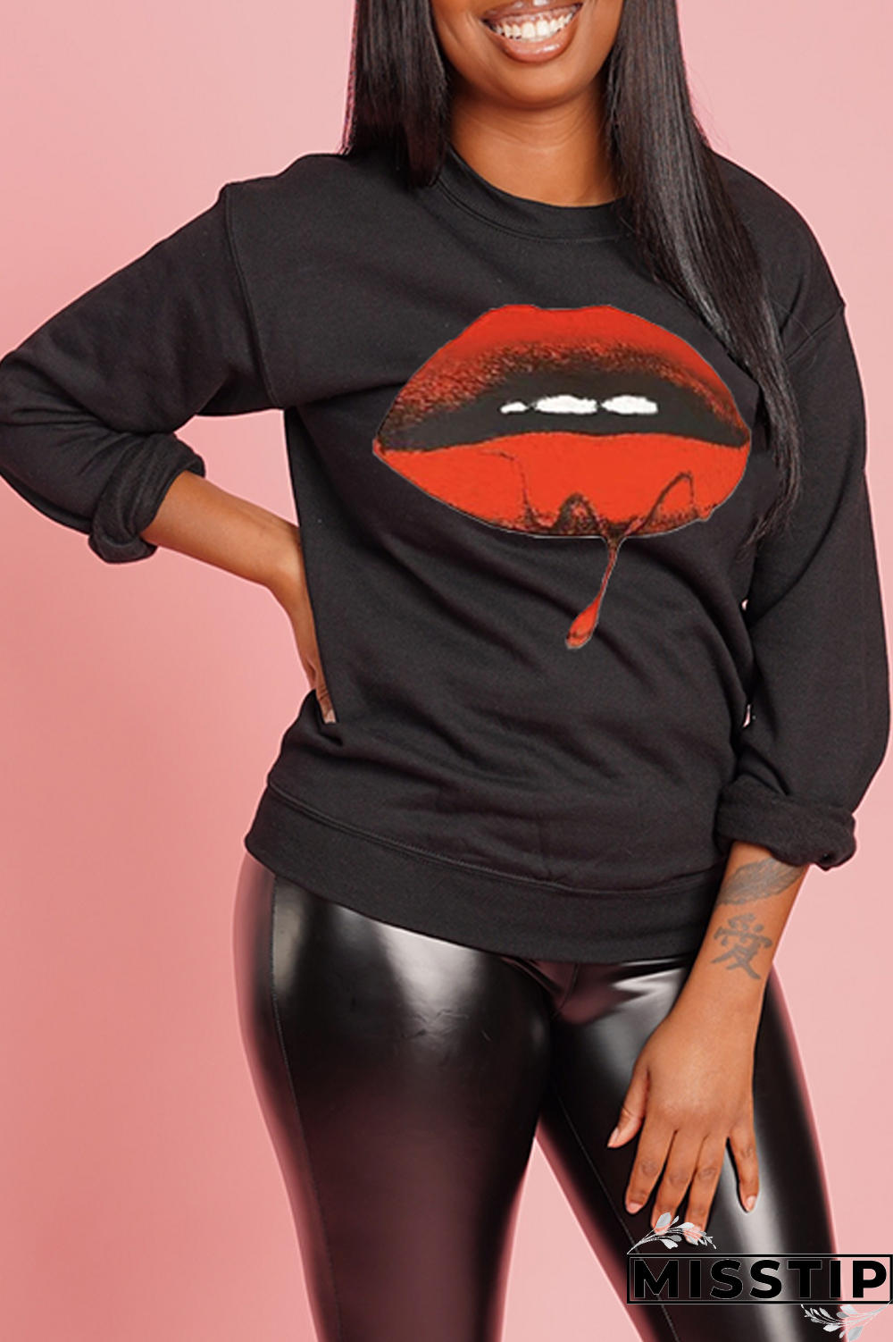 Black Street Vintage Lips Printed Patchwork O Neck Tops