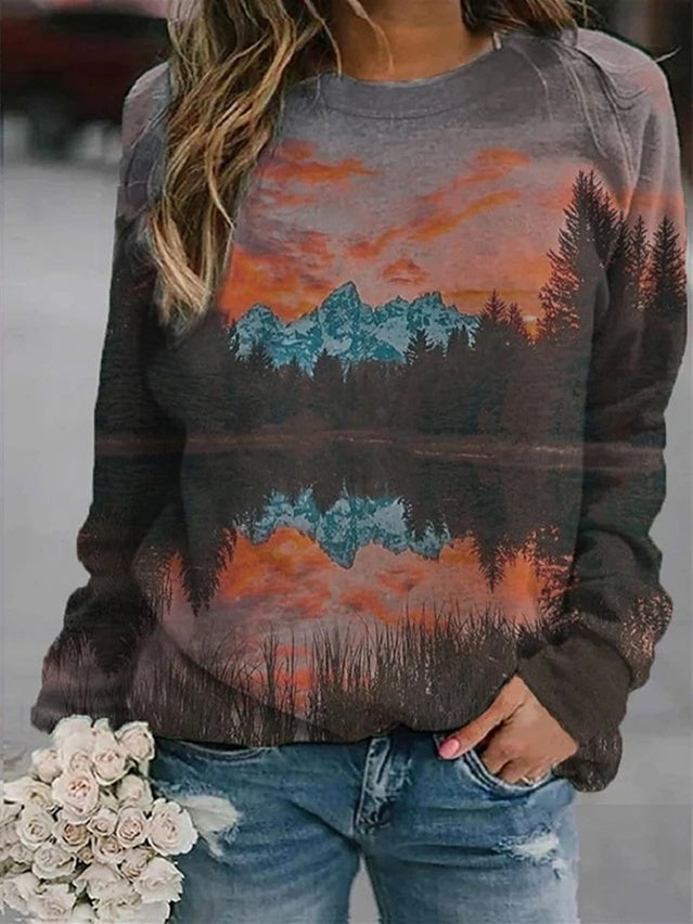 Women Long Sleeve V-neck Graphic Floral Printed Top