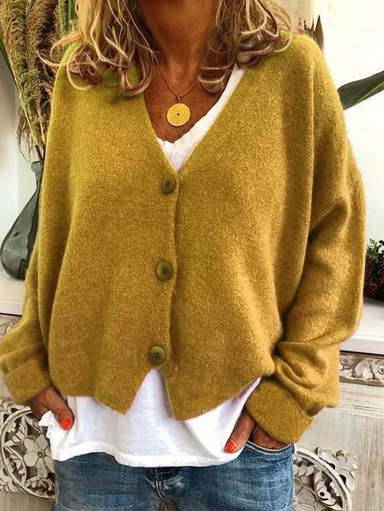 Casual Solid Color Buttons Long Sleeve Cardigan Sweater