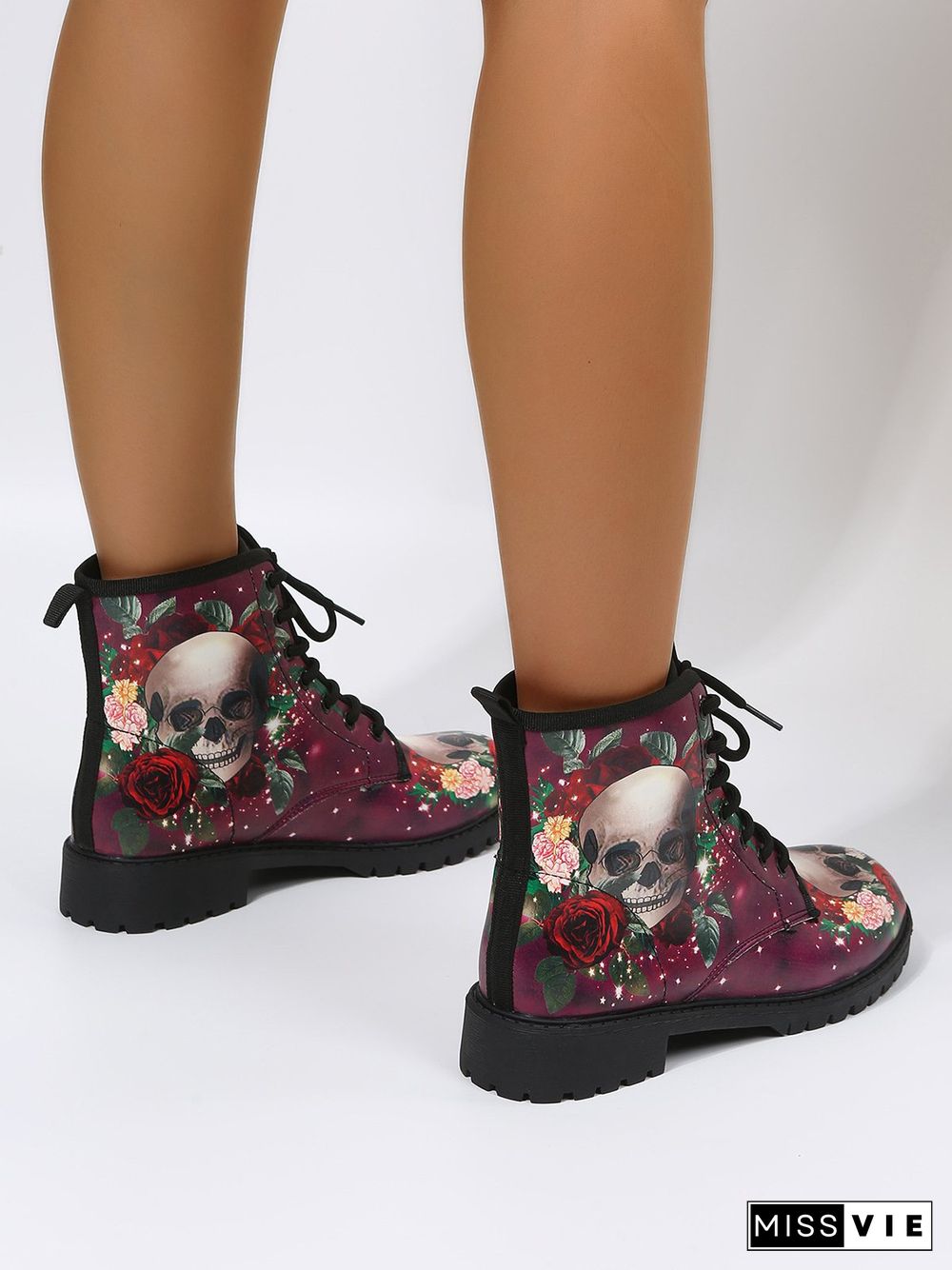 Floral Street All Season Printing Party Low Heel Lace-Up Non-Slip Classic Boots Boots for Women