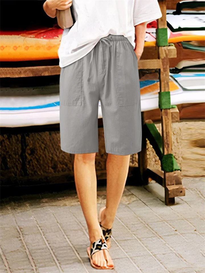 Women's Solid Color Comfortable Casual Fashion Cotton Linen Drawstring Multi-pocket Beach Style Women's Pants-Cosfine