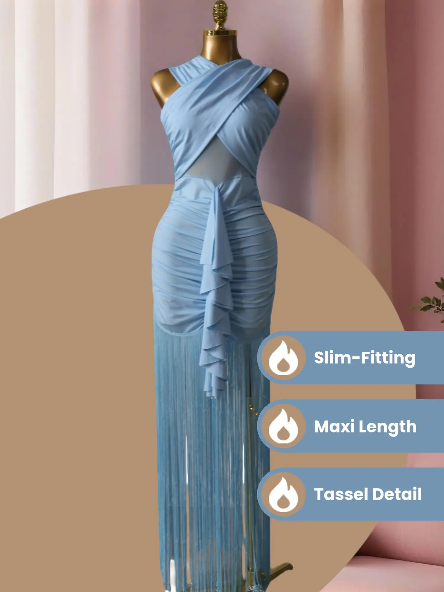 PULKRITU Women's Cross Strap Sleeveless Fringe Maxi Formal Prom Dress,Evening Prom Gown,Spring Lady Skirts,Sexy Design Elegant Style Party Outfit,Evening Cocktail Night Tassel Chic Engagement Dresses