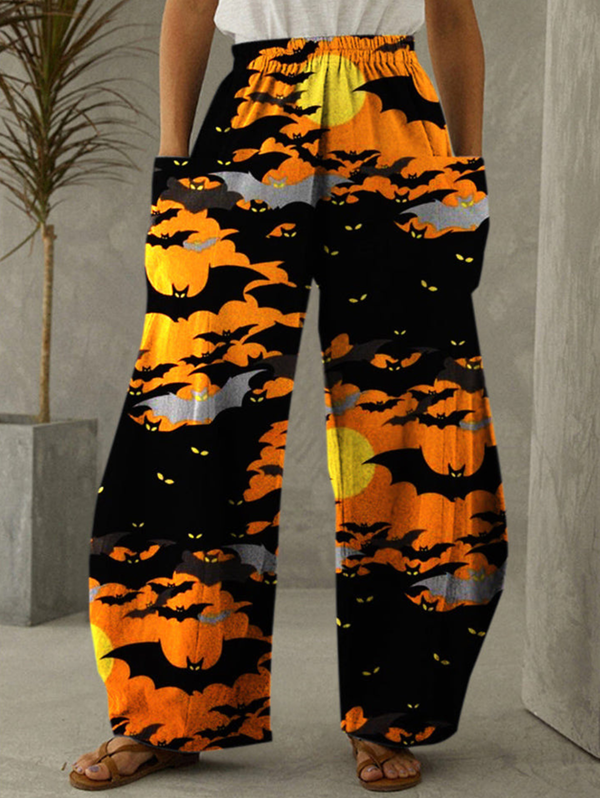 Halloween Bat Pumpkin Casual Pocket Wide Leg Pants