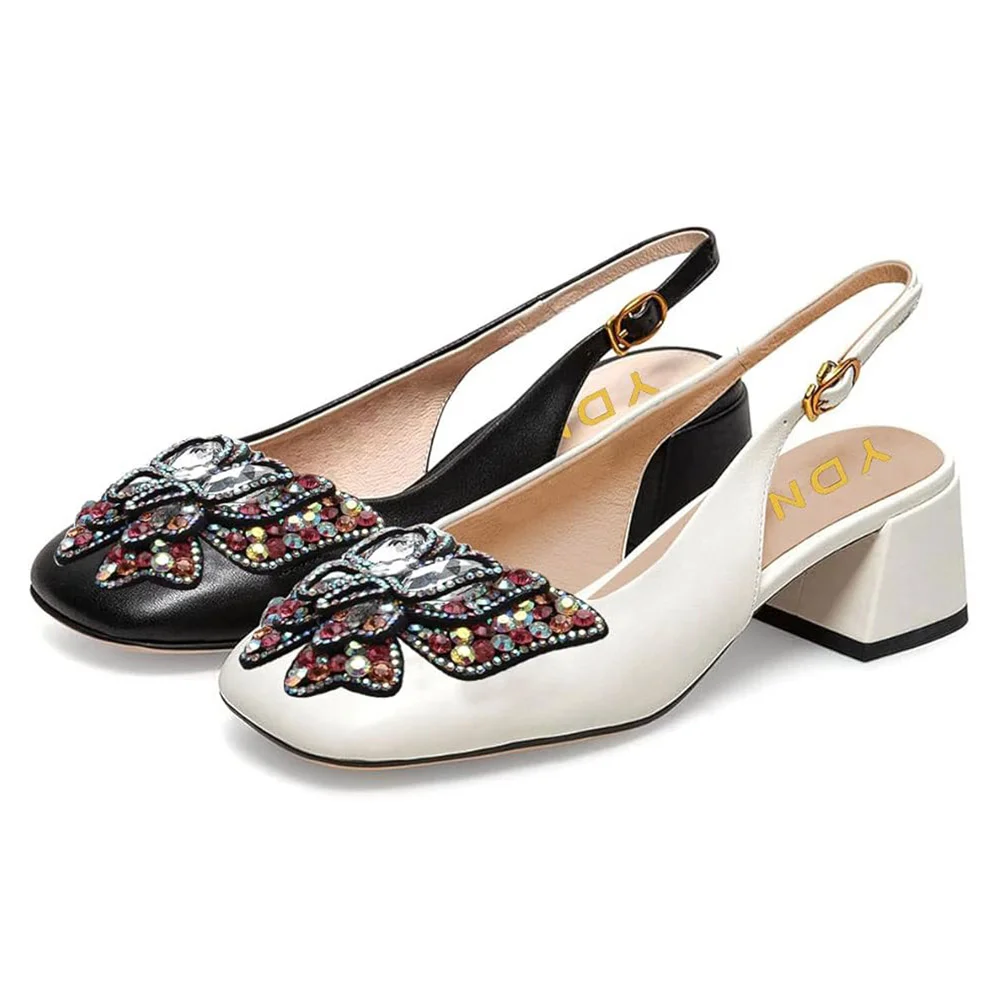 Black Vegan Leather Rhinestone Butterfly Decor Slingback Pumps
