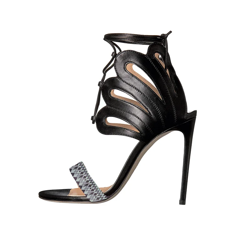 Women's Black Strappy Elegant Stiletto Heel Ankle Strap Sandals |FSJ Shoes