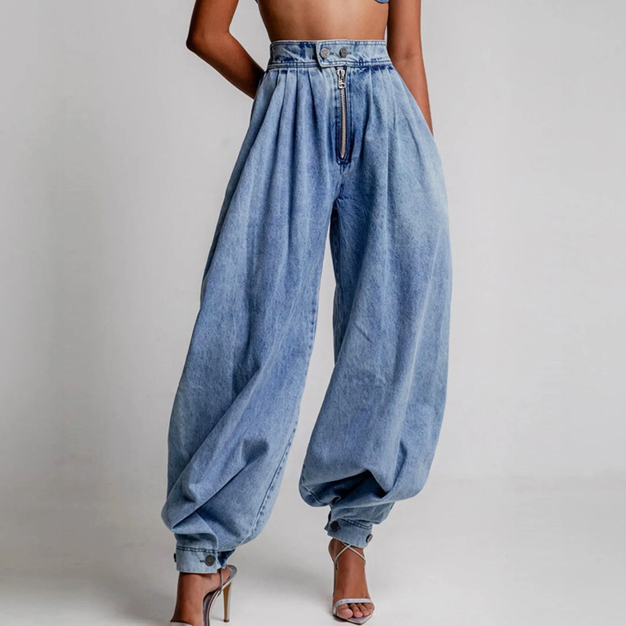 Women's Denim Harem Trousers &ndash; High Waist Pleated Balloon Fit
