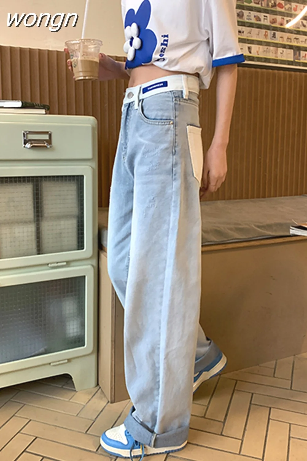 wongn Blue Women&#39;s Jeans High Waist Vintage Straight Baggy Denim Pants Streetwear Chic Design Fashion Wide Leg Denim Trouser