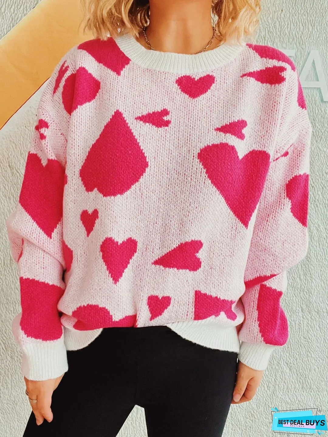 Heart Round Neck Long Sleeve Sweater