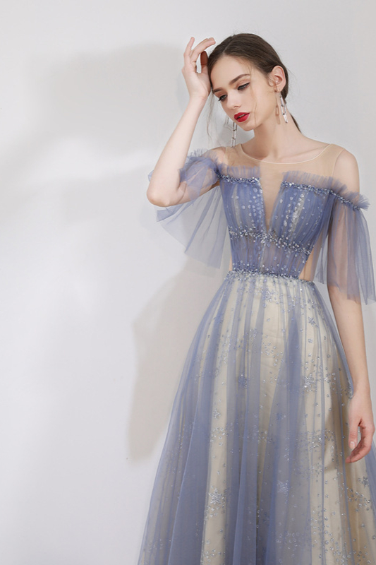 Gorgeous Off-the-Shoulder Tulle Prom Dress Long With Crystals