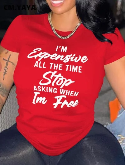 CM.YAYA Women T-shirts Letter Print Short Sleeve O-neck Stretchy T Shirt Tops Female Fashion Streetwear Casual Tees Tops Summer