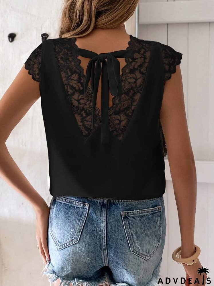 Contrast Lace Tie Back Ruffle Trim Blouse