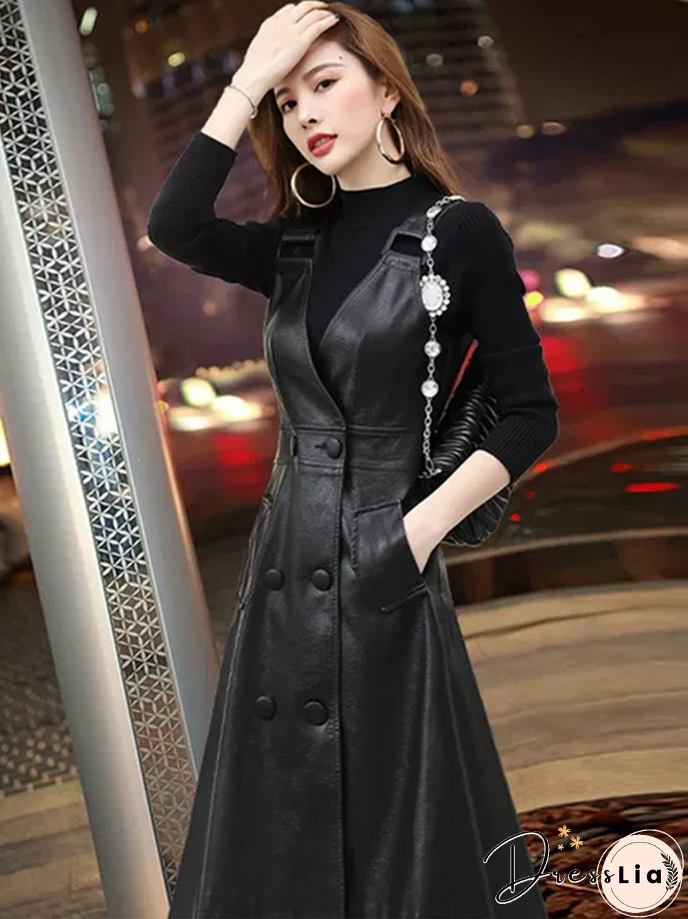 Summer Long Black Leather Dress Womens Strap Midi Faux For Womens Elegant Korean Fashion