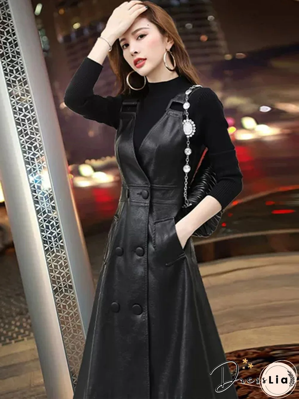 Summer Long Black Pu Leather Dress Women Strap Midi Faux Leather Dresses For Women Womens Elegant Korean Fashion