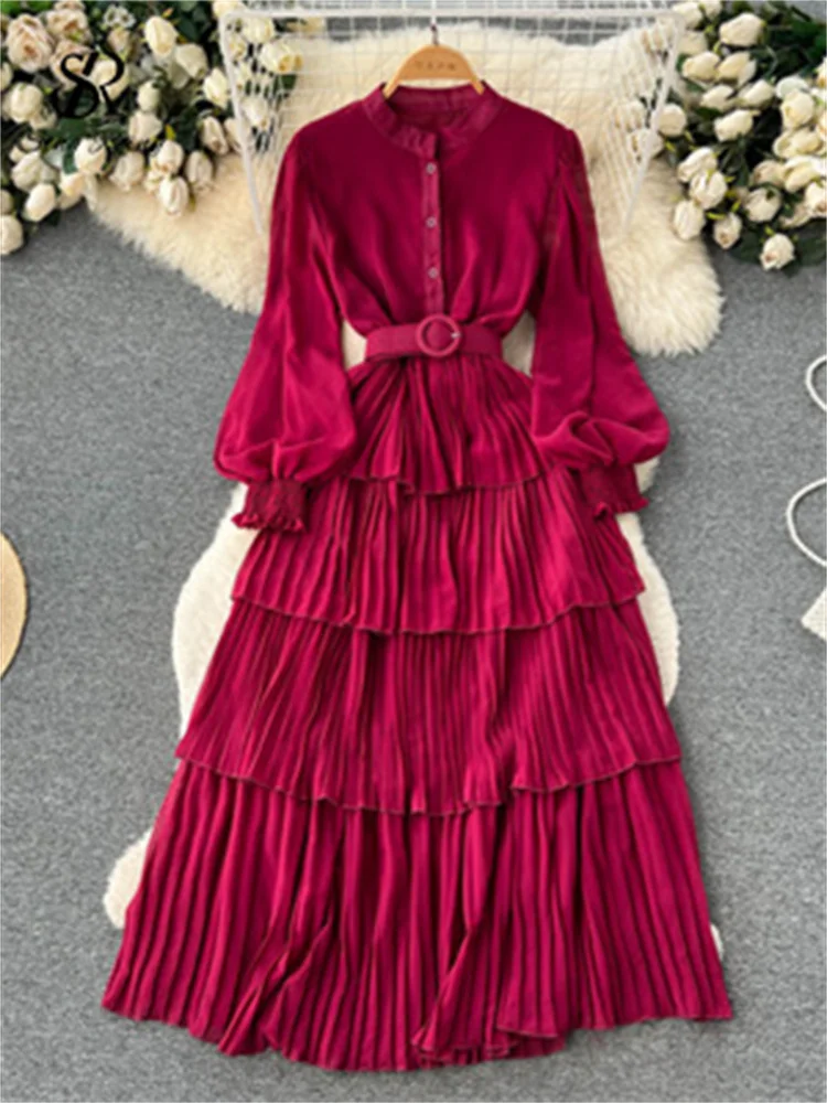 Huibahe Spring French Style Chiffon Long Dress 2024 Long Sleeve Single Breasted Fashion Belt Women A-Line Elegant Party Dress