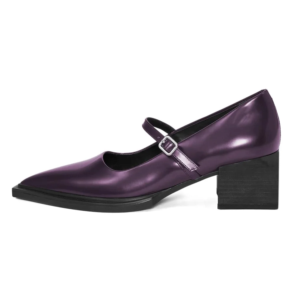 Dark Purple Vegan Leather Pointed Toe Buckle Strap Casual Mary Janes