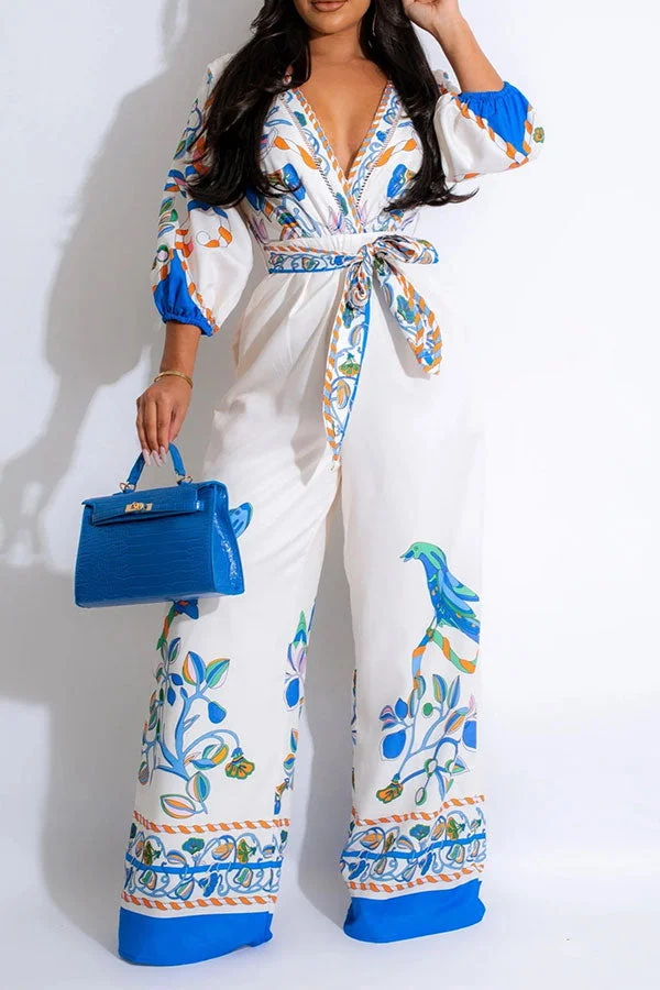 Natural Print Tropical Belted Wide Leg Jumpsuit