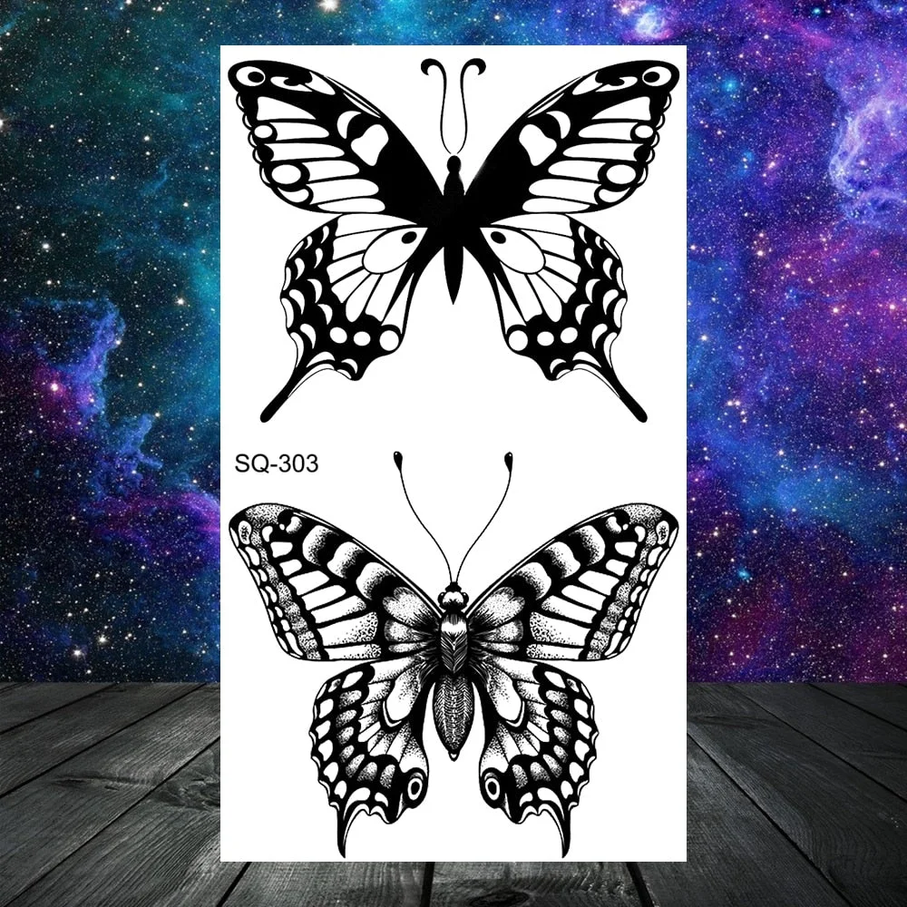 Black Butterfly Rose Flower Temporary Tattoos For Women Adult Men Cross Wings Anchor Whale Bow Fake Tattoo Hand Washable Tatoos