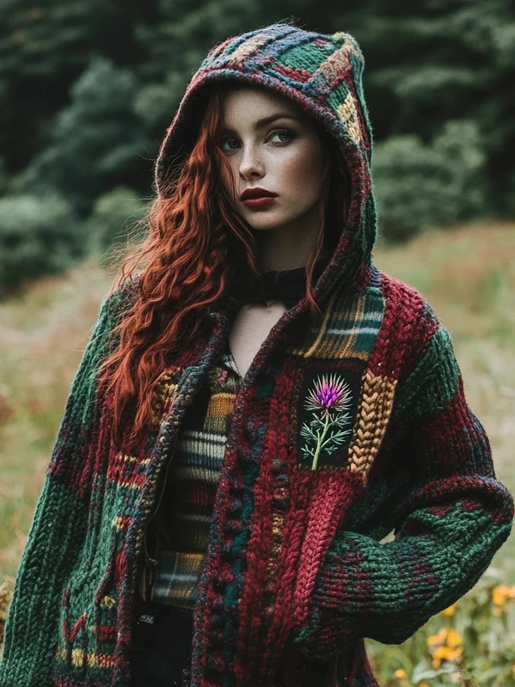 Scottish Vintage Patchwork Pattern Women's Hooded Sweater