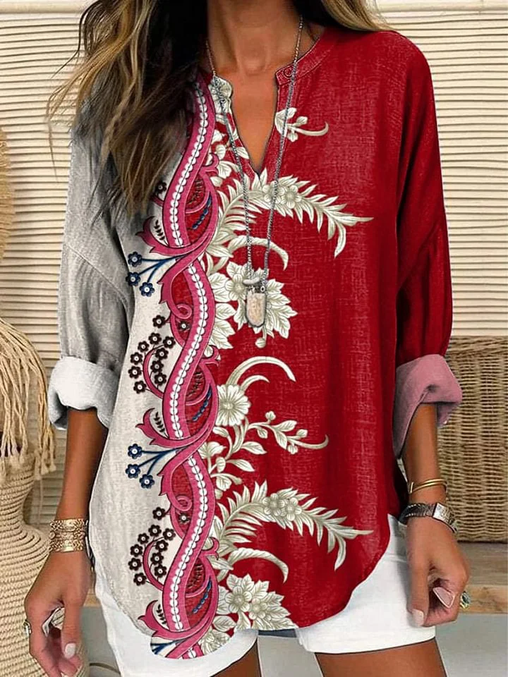 Ethnic Style Floral Art Printed Women's Casual Linen V-Neck Shirt