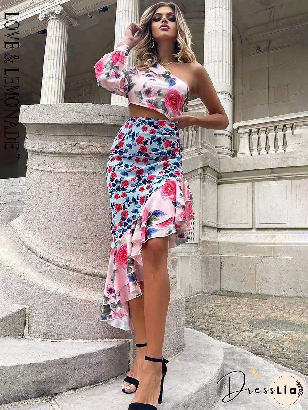 Love&Lemonade Sexy Off-Shoulder Cut Out Long Sleeve Color Print Ruffle Maxi Dress Lm82998